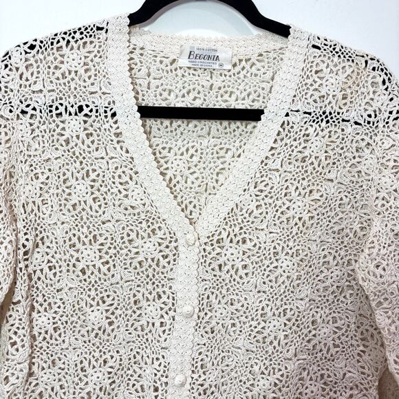 VTG Hand Crochet Ivory Cardigan Open Weave M Festival Boho 90s Y2K Cottagecore - Picture 3 of 9